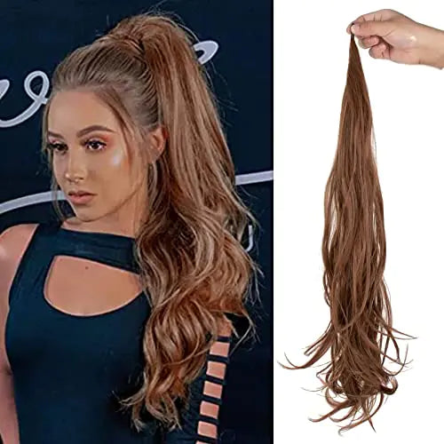 Split image showing a woman wearing a long, wavy light-brown ponytail extension on the left, and the matching ponytail hairpiece held up by hand on the right against a white background.
