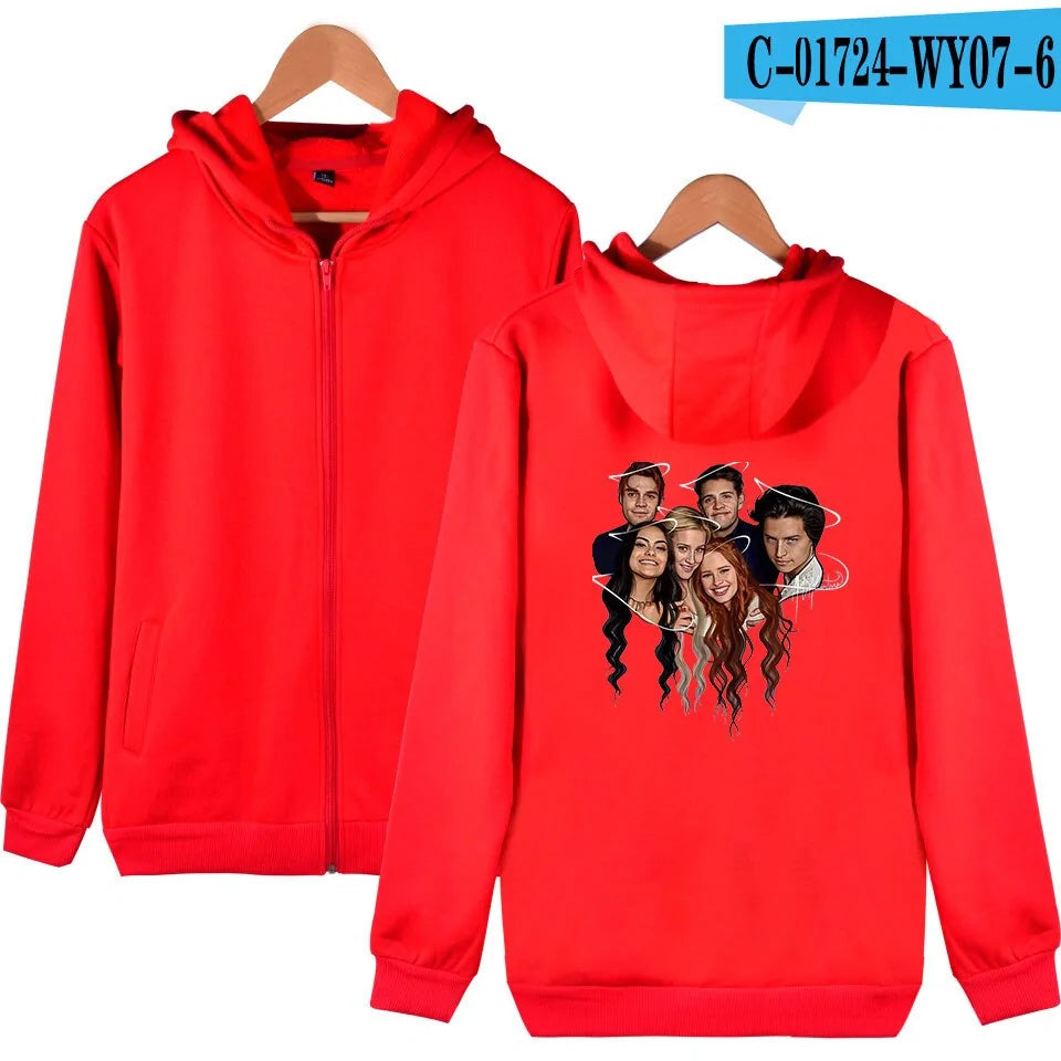 Red zip-up hoodie with front pockets and a character graphic print on the back.