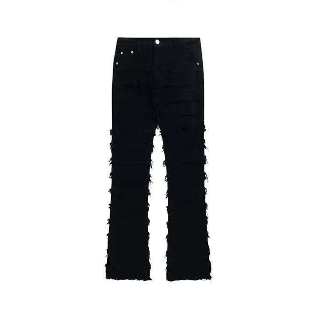 Brief alt text: Black distressed straight-leg jeans with frayed seams and raw hems.