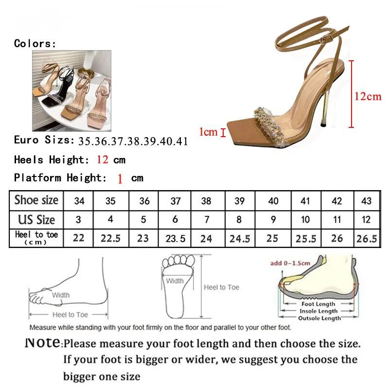 Clear Crystal Ankle Strap Heels Size Chart