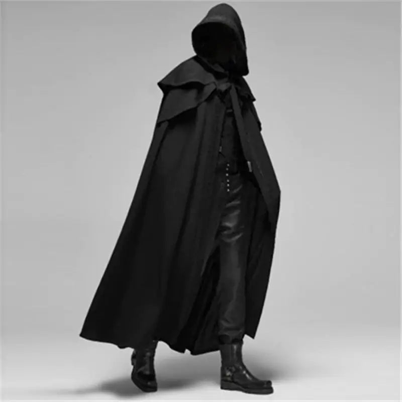 Black hooded cloak with a long flowing cape design and gothic costume styling.
