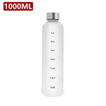 White 1000ml water bottle with a silver screw cap and vertical time markers (Full, 8am–12pm, Refill) printed on the front, shown on a white background.