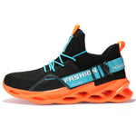 Black athletic sneaker with turquoise laces and straps labeled “FASHION SPORT,” featuring a bright orange hollow cutout sole and orange pull tabs.