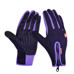 Black and purple full-finger gloves with textured grip palms, contrast trim, and a zippered wrist pocket detail.