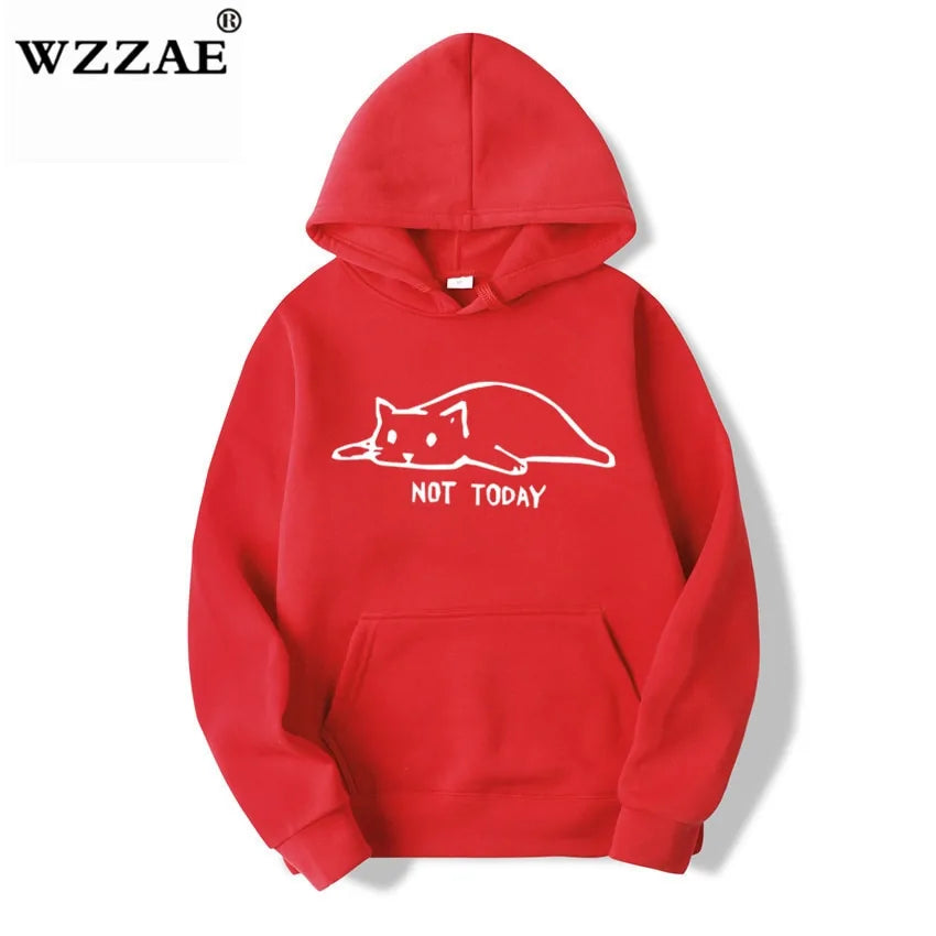 Red pullover hoodie with a white cat graphic and “Not Today” text on the front.