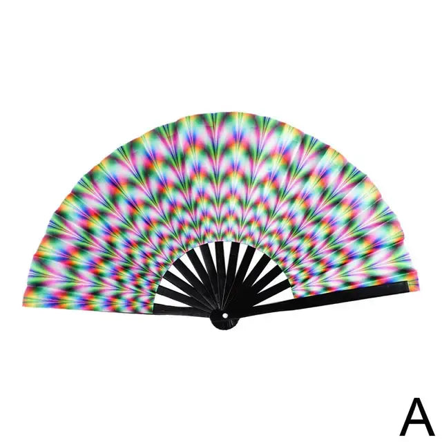 Open folding hand fan with black ribs and a bright rainbow, radiating geometric pattern, shown on a white background.