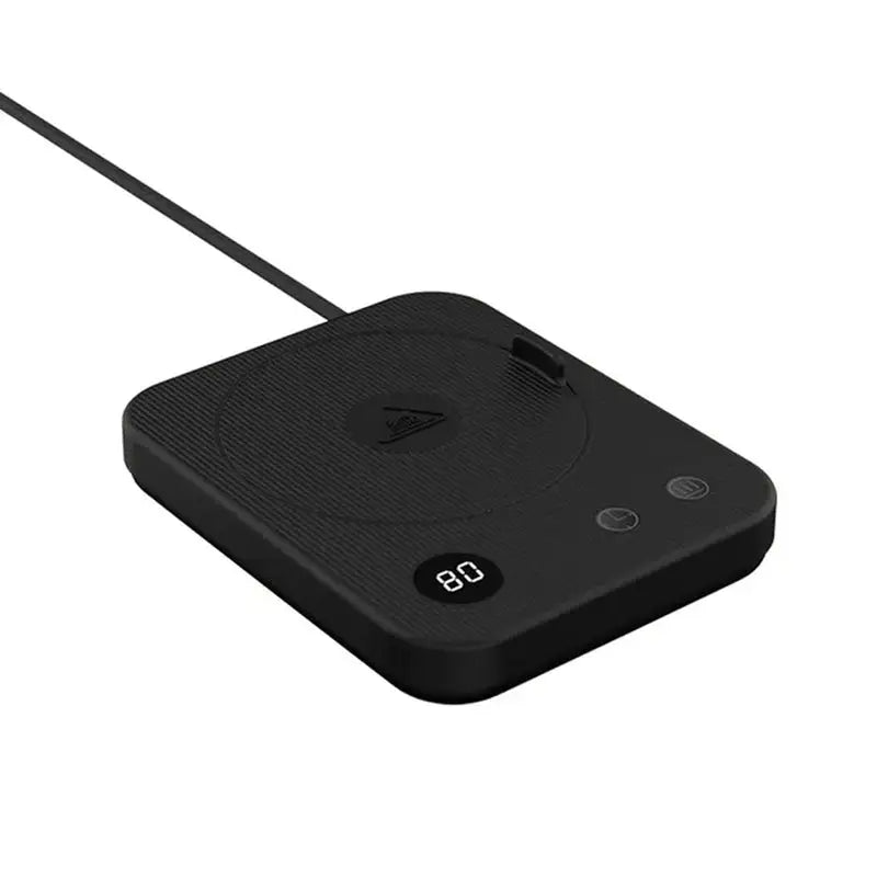 A black wireless charger with an LED display showing the number '80' on the surface, with a cable connected.