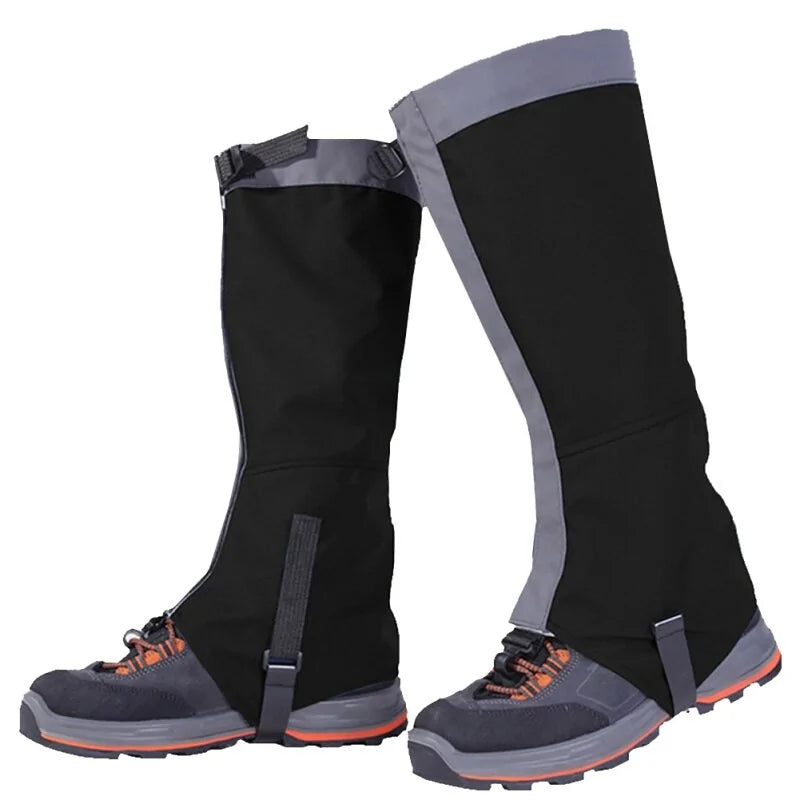 Black waterproof hiking gaiters over walking shoes.
