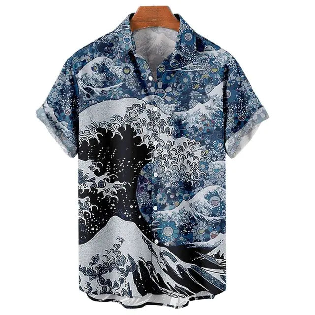 Short-sleeve button-up shirt with a blue-and-white all-over print featuring stylized ocean waves and foamy crests, resembling a classic Japanese wave illustration.