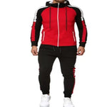 Men’s red and black hooded tracksuit with zip-up jacket, joggers and side stripe details.
