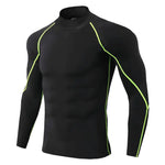 Men’s black long-sleeve compression top with high neck, slim athletic fit and neon green contrast seam detailing.
