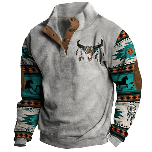 Light grey quarter-button pullover with Western-inspired printed sleeves, contrast trim, and bull skull chest graphic.
