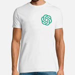 White crew-neck T-shirt with green knot-style chest logo.