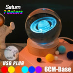 A 3D rendering of Saturn with glowing rings inside a glass sphere on a wooden base. The sphere is illuminated with LED lights, and it can display seven colors.