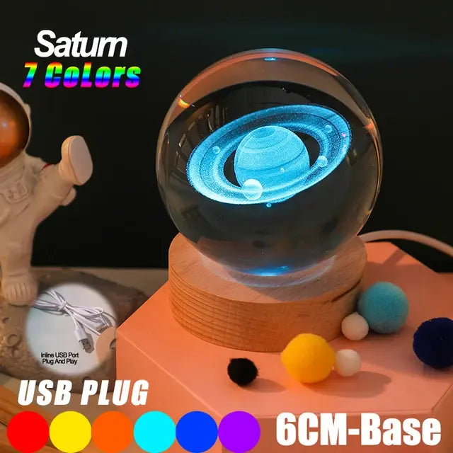 A 3D rendering of Saturn with glowing rings inside a glass sphere on a wooden base. The sphere is illuminated with LED lights, and it can display seven colors.