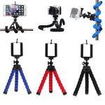 Collage of flexible mini tripods with bendable legs, shown holding a smartphone, compact camera, and action camera, plus three phone-tripod mounts in blue, red, and black.