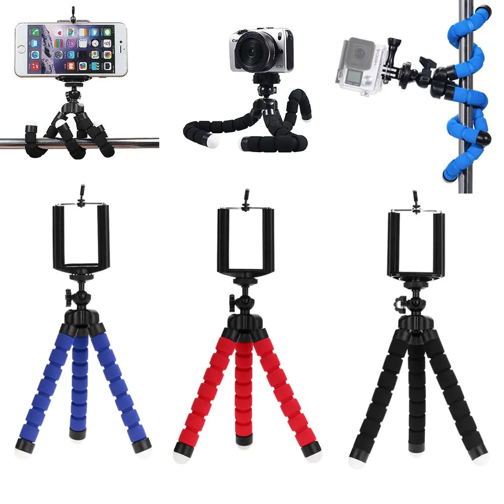 Collage of flexible mini tripods with bendable legs, shown holding a smartphone, compact camera, and action camera, plus three phone-tripod mounts in blue, red, and black.