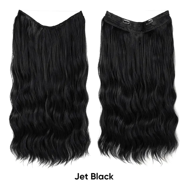 Long, wavy jet black hair extensions displayed side by side with a label indicating "Jet Black" at the bottom.