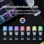 Promotional image showing an RGB gaming microphone with colorful gradient lighting effects in multiple colors, displayed against a keyboard background with descriptive text about the lighting feature.