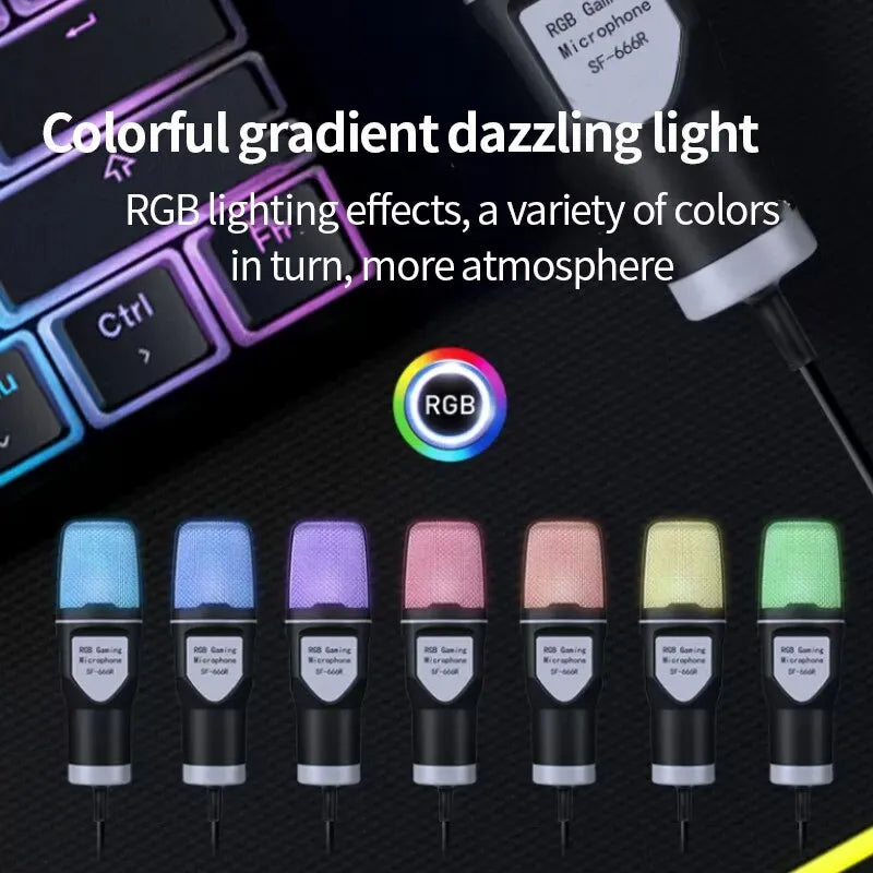 Promotional image showing an RGB gaming microphone with colorful gradient lighting effects in multiple colors, displayed against a keyboard background with descriptive text about the lighting feature.