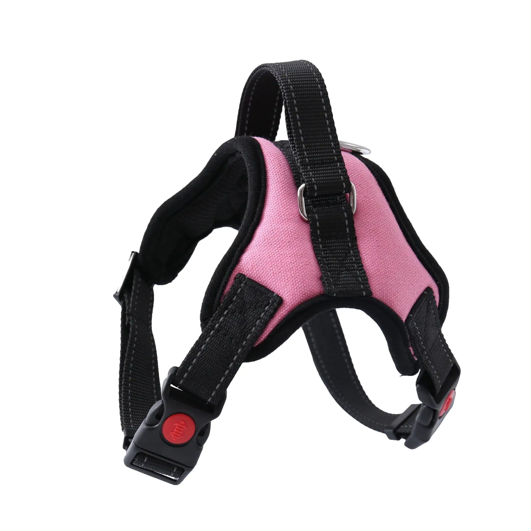 Red and black padded dog harness with adjustable straps, quick-release buckles, and a metal D-ring for leash attachment.