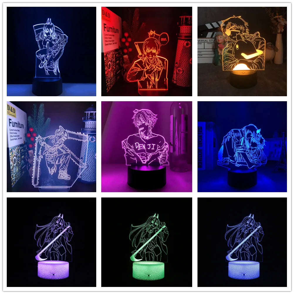 A collection of images showing a 3D LED illusion night light with an anime character design. The night light is illuminated in various colors, and the images display the lamp in different settings, such as on a table and in a dark room, highlighting its use as a night light.