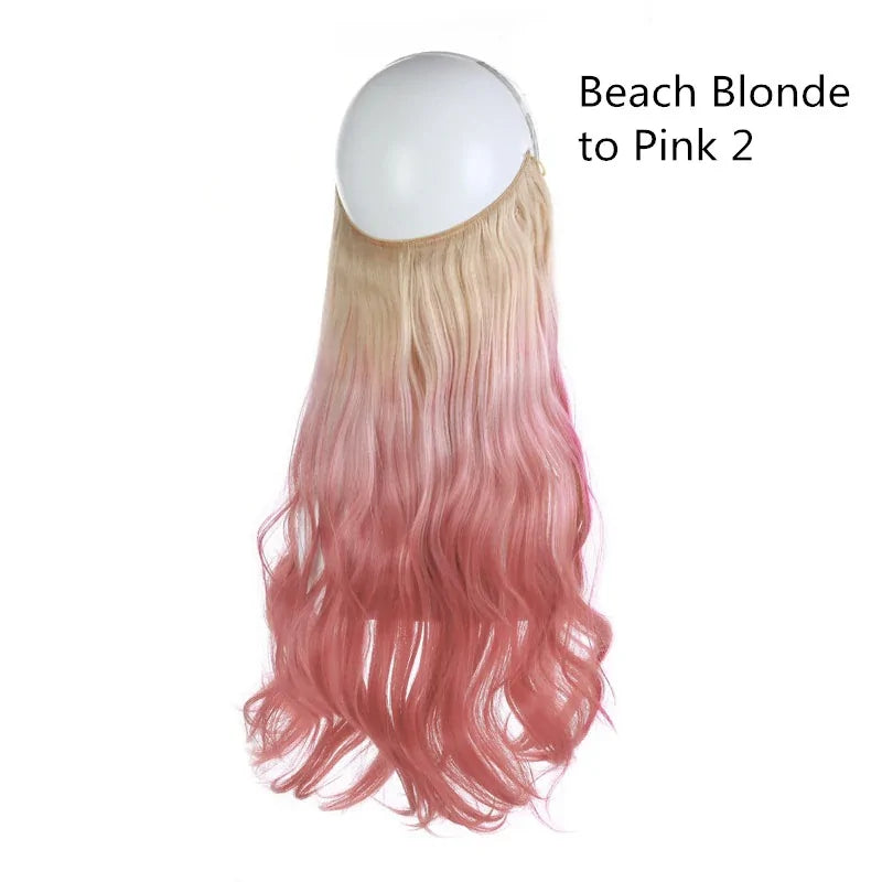 Long wavy hair extensions with a gradient color, transitioning from beach blonde at the roots to pink at the tips.