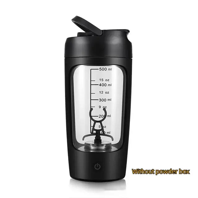 Black portable electric shaker cup with a flip-top lid and clear window showing measurement markings up to 500 ml/15 oz and a mixing whisk inside; text at the bottom right reads “Without powder box.”