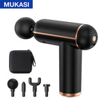 Black handheld percussion massage gun labeled ‘MUKASI,’ with rose-gold accents, LED indicator lights and power button, shown with a zippered carrying case and four interchangeable massage heads.