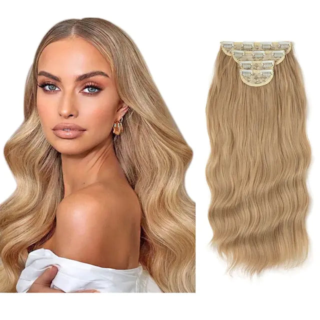 Side-by-side image of a woman with long, wavy honey-blonde hair and a matching clip-in hair extension piece shown from the back with visible clips, both on a white background.