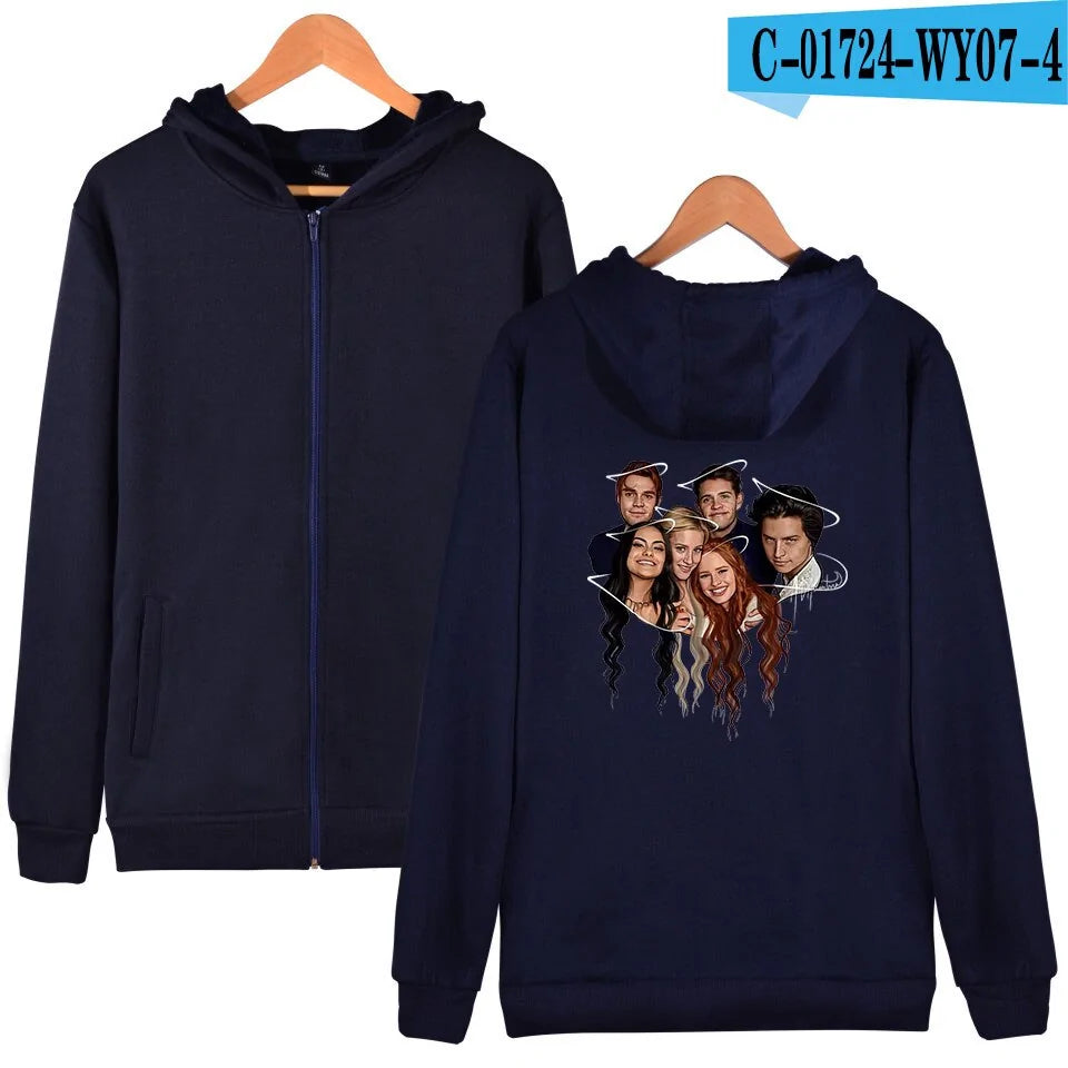 Light grey zip-up hoodie shown front and back, with a Riverdale graphic printed on the back.