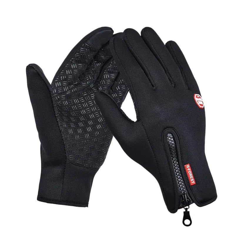 Black zip-cuff gloves with textured anti-slip palms and fitted full-finger design.