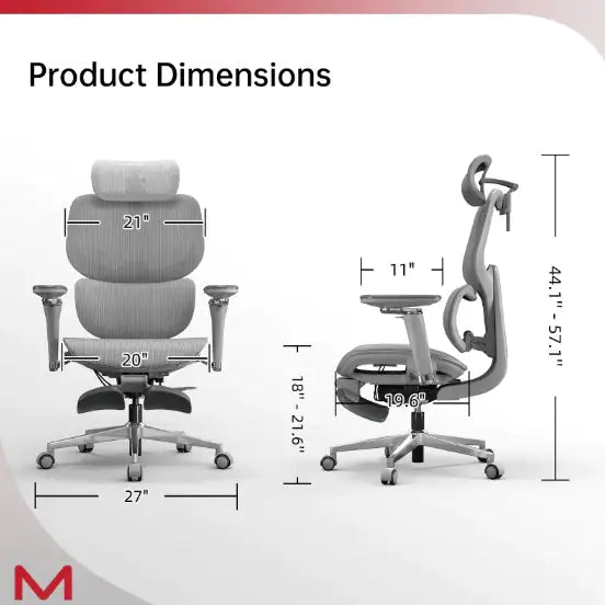 Gray office chair with dimensions labeled on a white background