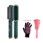 An image featuring two hair straightening tools: a green and gold hair straightener brush on the left and a flat straightener on the right, with a pair of pink anti-scald gloves and a pink hair comb placed beside them.
