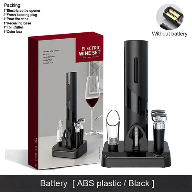 Electric wine opener gift set in black, showing the retail box and the opener on a charging base with accessories (foil cutter, wine pourer, and stopper); text notes “Without battery” and “Battery [ABS plastic / Black].