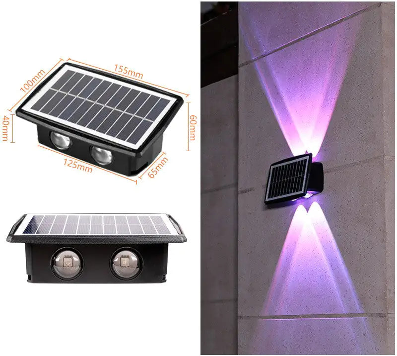A solar-powered wall light with dual lights and solar panels, shown both in a close-up view with dimensions and installed on a wall emitting purple light beams.