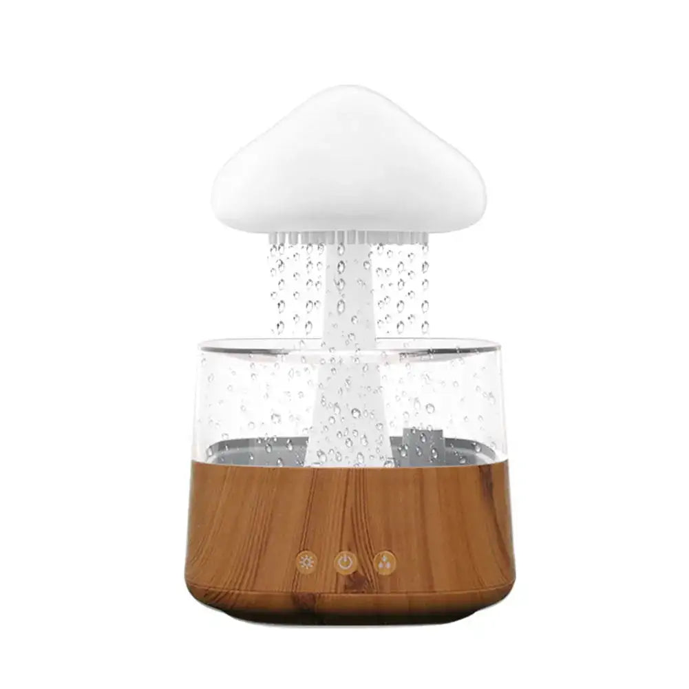 A white mushroom-shaped humidifier with a bamboo-like base, emitting mist from its top.