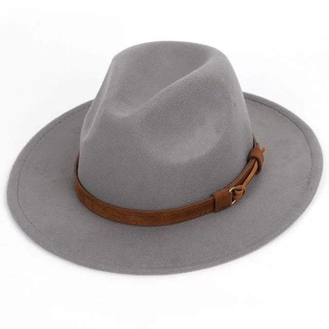 A light gray wide-brim fedora-style hat with a soft, structured crown and a brown leather band wrapped around the base. The hat is shown against a plain white background.