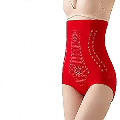A red high-waisted shapewear brief worn on a model, designed with a tummy-control silhouette and decorative dotted pattern panels along the front and sides. The garment is shown with high-cut leg openings against a plain light background.