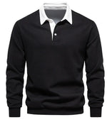 A long-sleeve polo shirt with a white collar and a three-button placket. The fabric appears soft, and the cuffs and hem have a fitted design. The shirt has a classic and stylish look, suitable for both casual and semi-formal wear.
