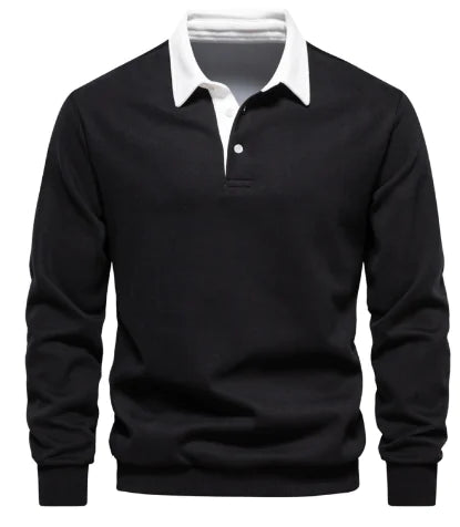 A long-sleeve polo shirt with a white collar and a three-button placket. The fabric appears soft, and the cuffs and hem have a fitted design. The shirt has a classic and stylish look, suitable for both casual and semi-formal wear.