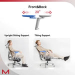Ergonomic chair with front and back support features and a person using it.
