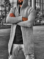 Grey textured longline hooded cardigan with an open front and relaxed streetwear style.
