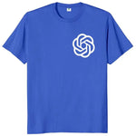 Blue short-sleeve T-shirt with a large interlocking knot-style logo graphic centered on the front, outlined in black, white, and teal.