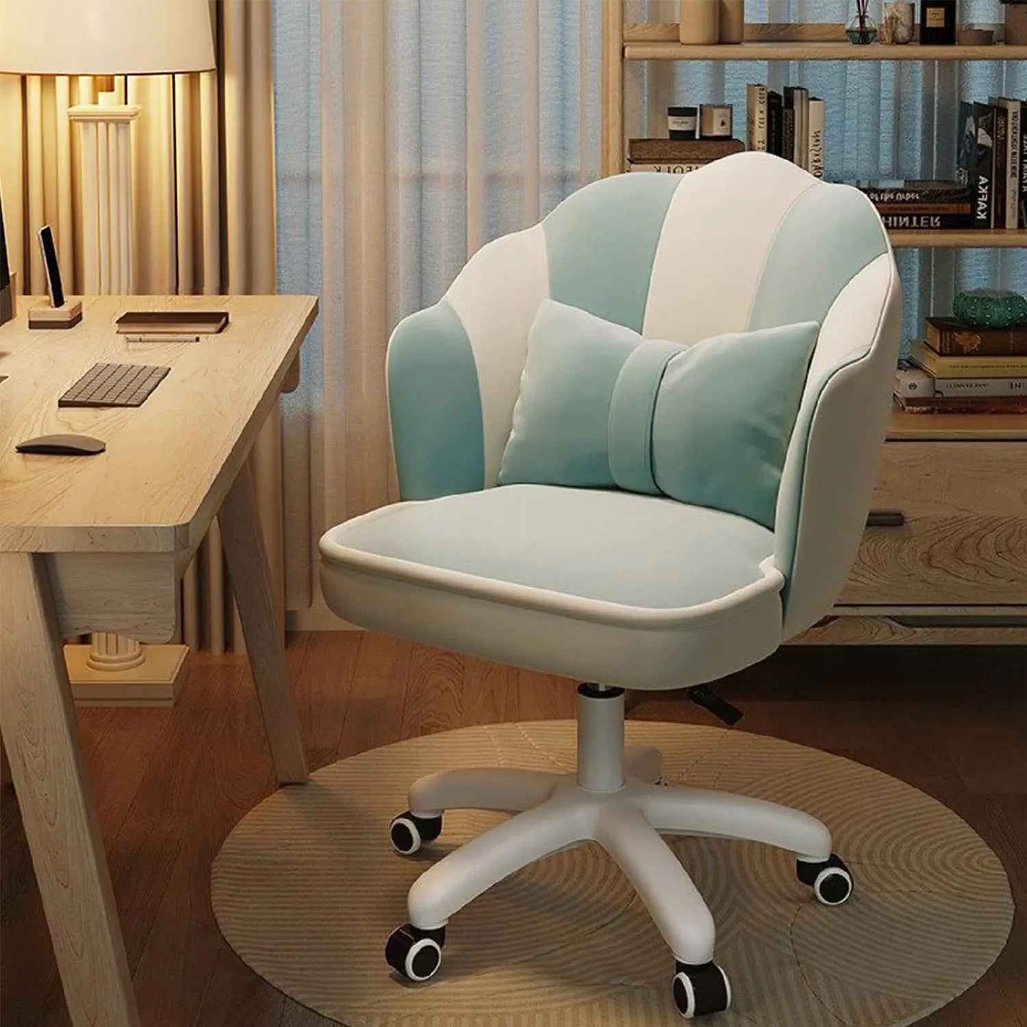 Light blue and white office chair in a home office setting with a desk and bookshelf.