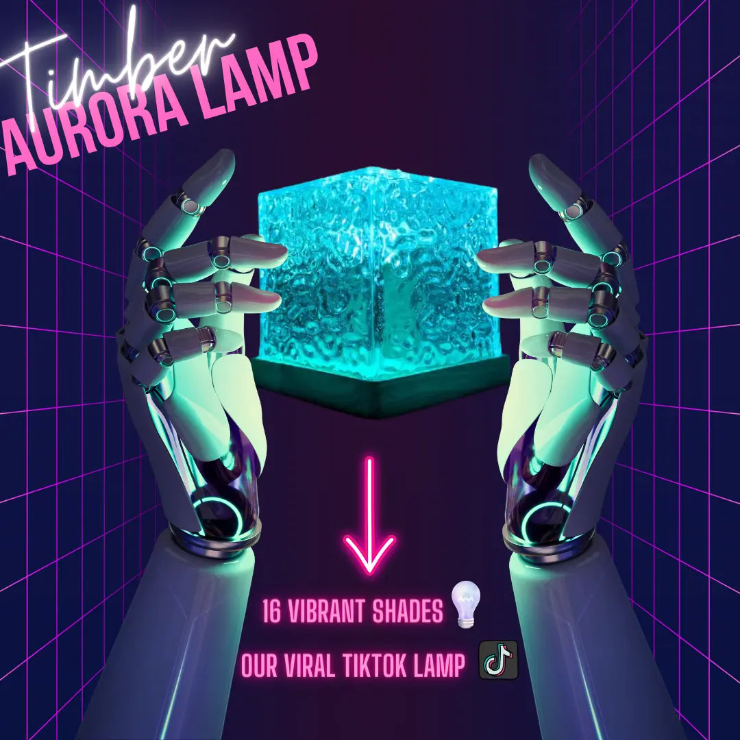 Neon-style ad graphic for a “Timber Aurora Lamp,” showing two robotic hands holding a glowing blue cube lamp on a purple grid background, with text “16 vibrant shades” and “our viral TikTok lamp.