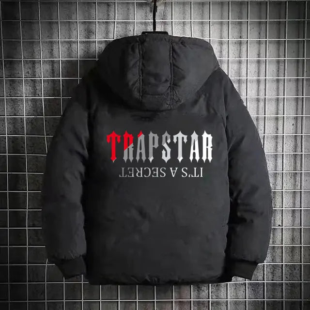 Black hooded puffer jacket shown from the back with bold printed text graphic.