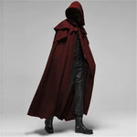 Burgundy hooded cloak with full-length cape design.
