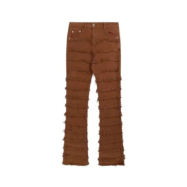 Brown flared trousers with layered frayed detailing.