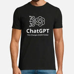 A man wearing a black T-shirt with a white circuit-style ChatGPT logo and the text “ChatGPT” and “This Changes EVERYTHING.